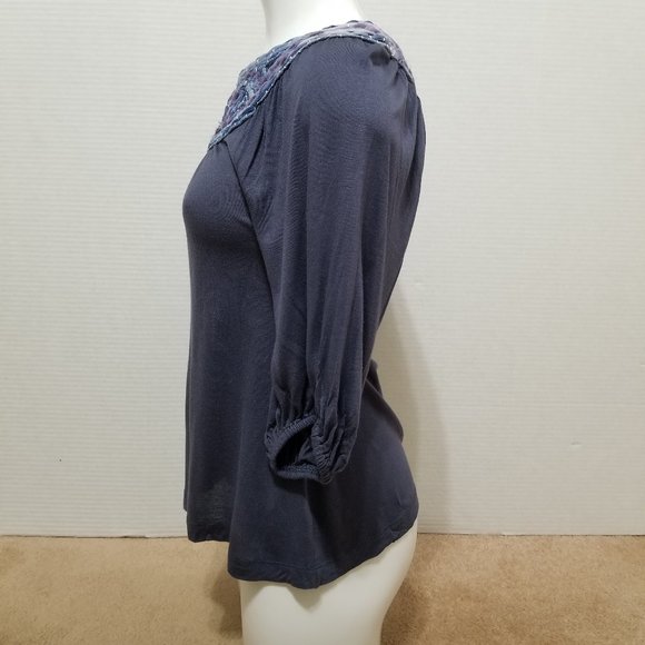 C. Keer top Small Fenestella Tee crochet neck peasant metallic Anthropologie - Picture 2 of 10